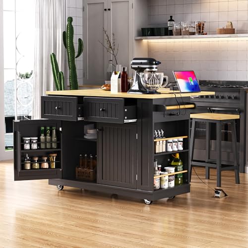 Black 48-inch Rolling Kitchen Island with Drop Leaf & Power Outlet U974002