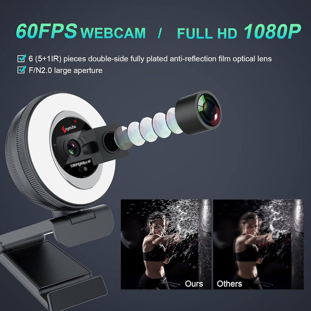 60FPS 1080P Streaming Webcam with Ring Light and Privacy Cover U363183
