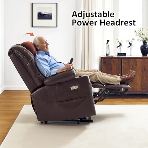 Large Triple Motor Power Lift Recliner Chair with Massage and Dual Heating, Faux Leather (Dark Brown) J52196