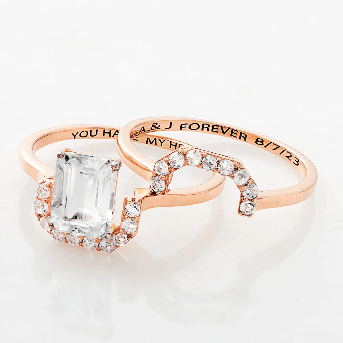 14K Rose Gold over Sterling Silver Emerald Cut White Topaz 2 Piece Wedding Set P491