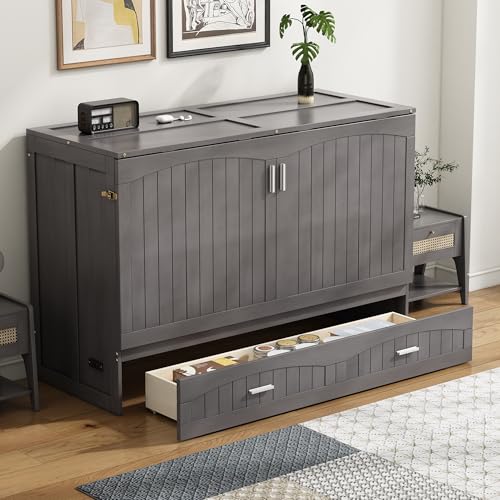 Gray Queen Size Murphy Bed with Storage Drawer W950