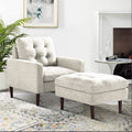 Beige Fabric Accent Chair with Ottoman and Solid Wood Legs D1463