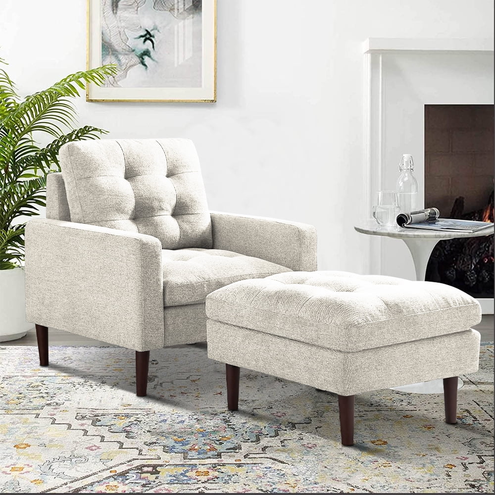 Beige Fabric Accent Chair with Ottoman and Solid Wood Legs D1463