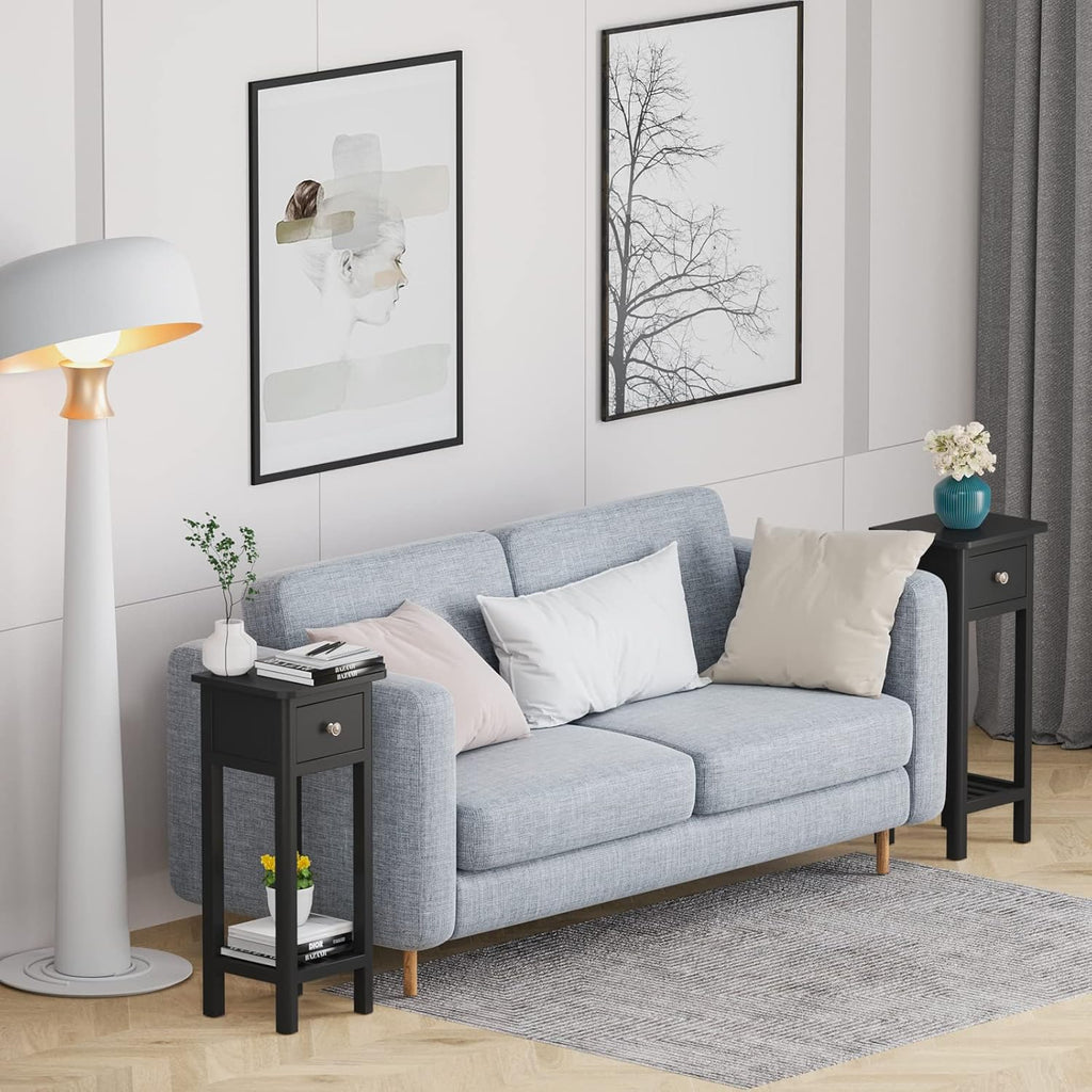 Black Narrow End Table Set of 2 with Drawer & Shelf N3581