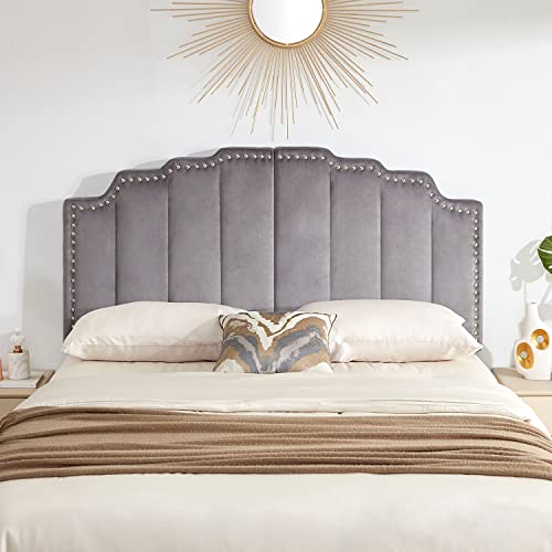 Grey Velvet Upholstered Tufted Headboard for King Size Bed H922308
