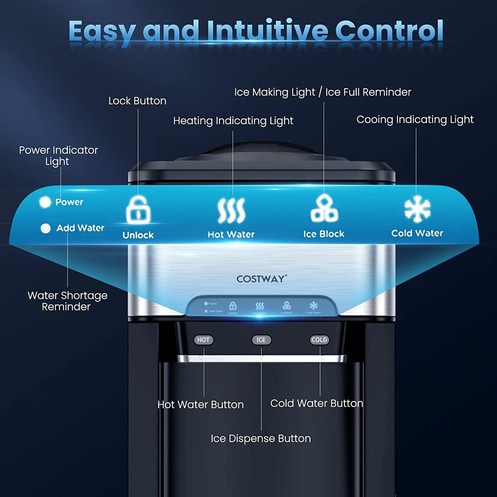 Water Dispenser with Ice Maker, 3-in-1 Countertop Top-Loading Hot Cold Water Cooler Machine, 48Lbs/24H, 12 Cubes, 4Lbs Storage Basket P303141