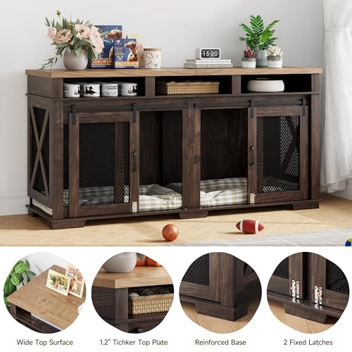 Brown Wooden Dog Crate with 3 Storages and Removable Divider C568