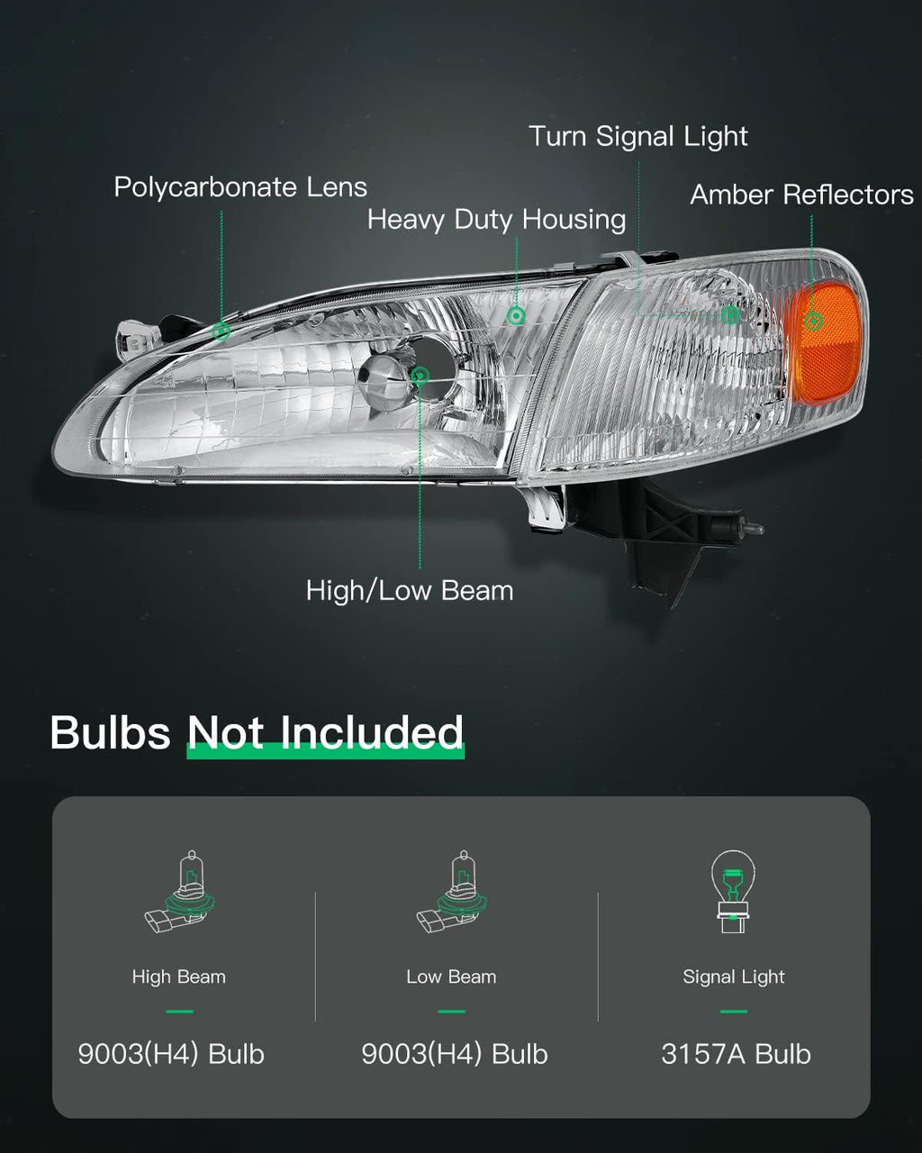 Chrome Housing Amber Reflector Clear Lens Headlight Assembly Pack of 2 A467