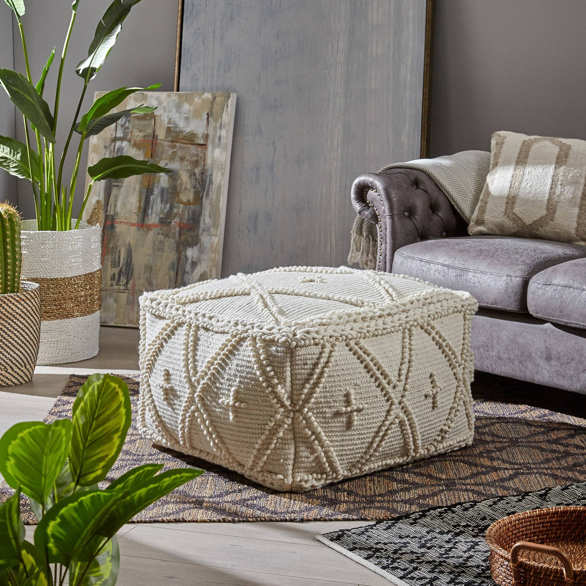 Charcoal Fabric Cube Pouf W84873