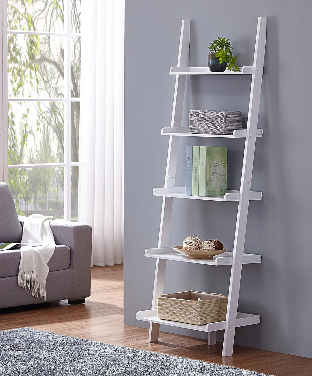 White 5 Tier Bookcase Shelf Ladder Leaning Z67988