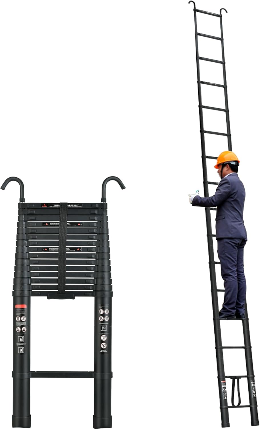 Compact 20FT Aluminum Telescoping Extension Ladder with 2 Detachable Roof Hooks P69725