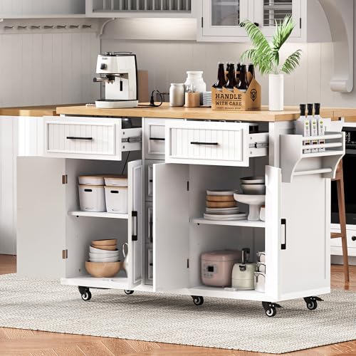 Black 48-inch Rolling Kitchen Island with Drop Leaf & Power Outlet U974002