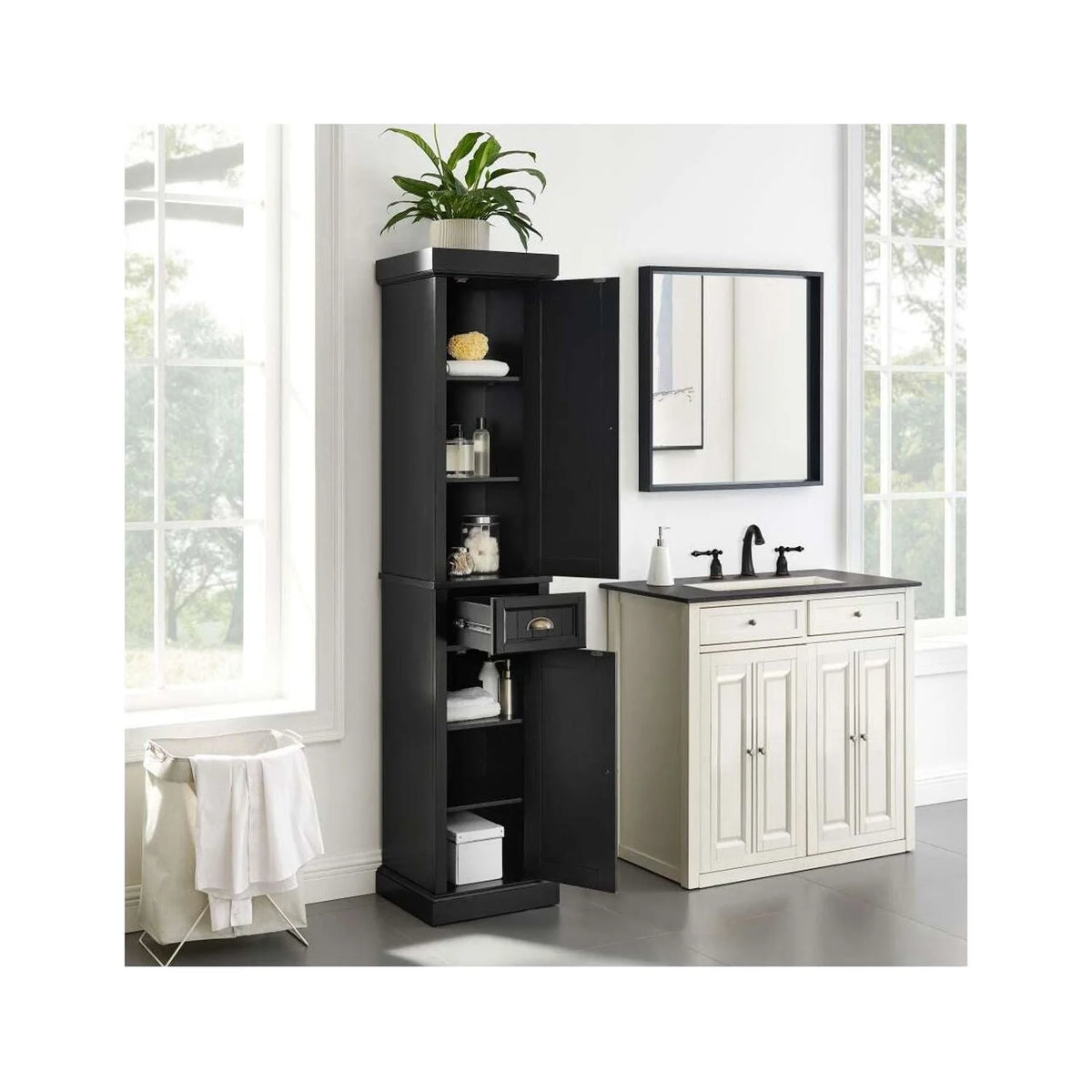 Distressed Black Wood Linen Cabinet E24619