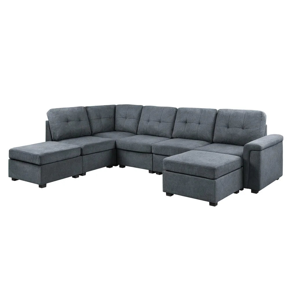 Gray Woven Fabric 7-Seater Sectional Sofa with Ottomans F25828