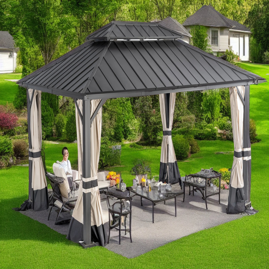 14x12ft Double Galvanized Steel Hard Top Outdoor Gazebo with Netting and Curtains J876714