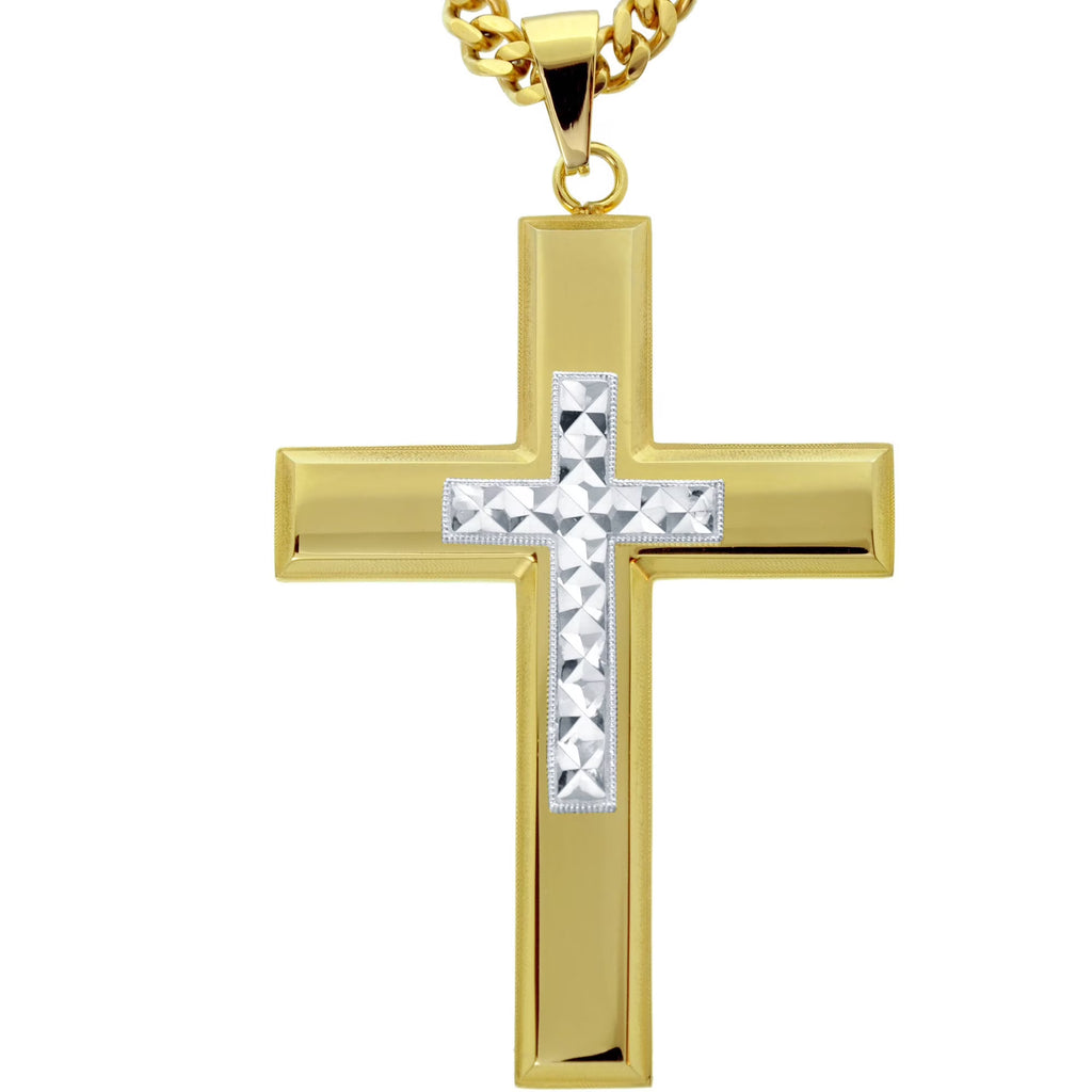 Stainless Steel Gold Tone Cross with Silver Tone Diamond Cut Cross J49960
