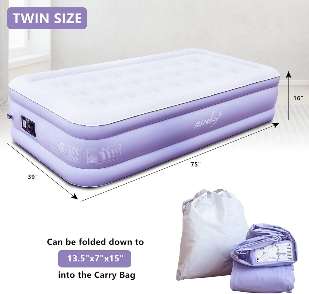 Light Blue White Velvet Flocked Twin Air Mattress with Built in Pump Q592079