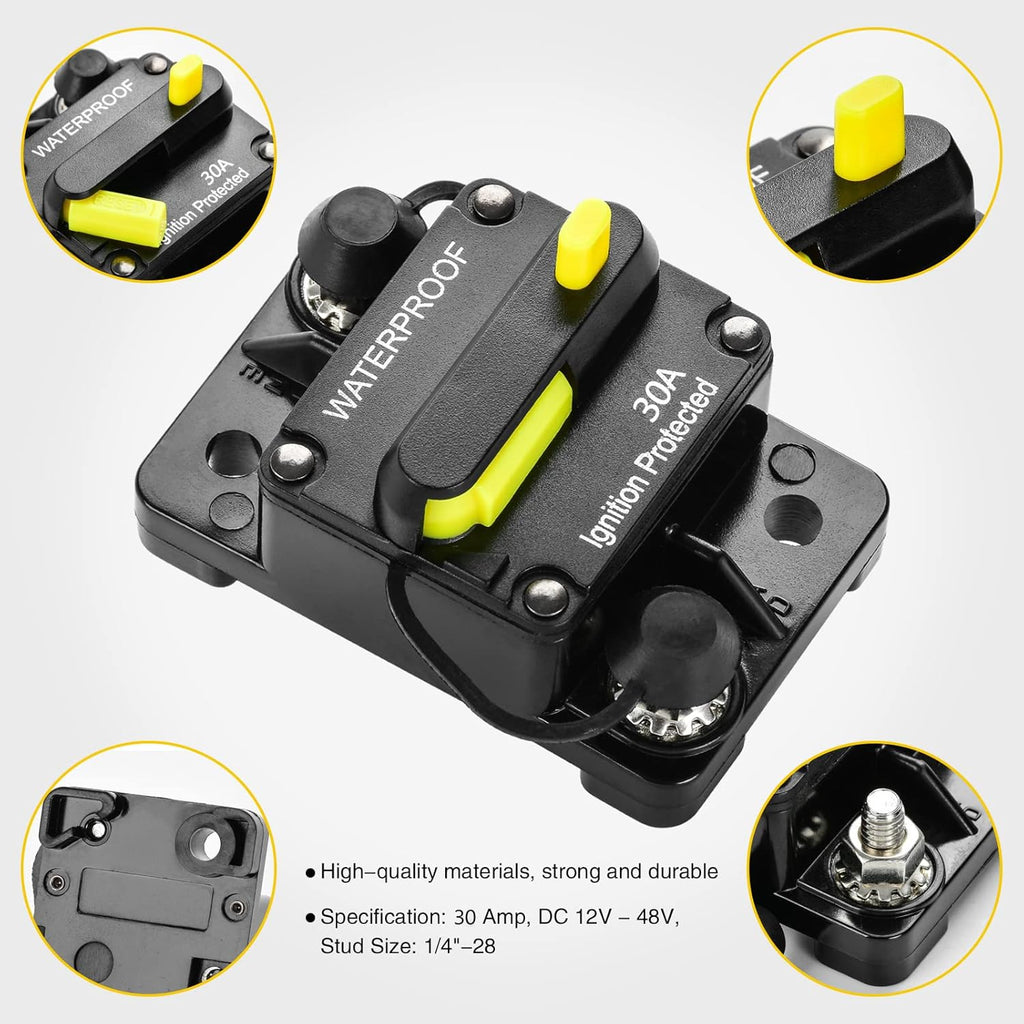 30 Amp Circuit Breaker, Inline Fuse Inverter with Manual Reset, 12V-48V DC Water Proof, Surface Mount-30A, Pack of 2 S92583