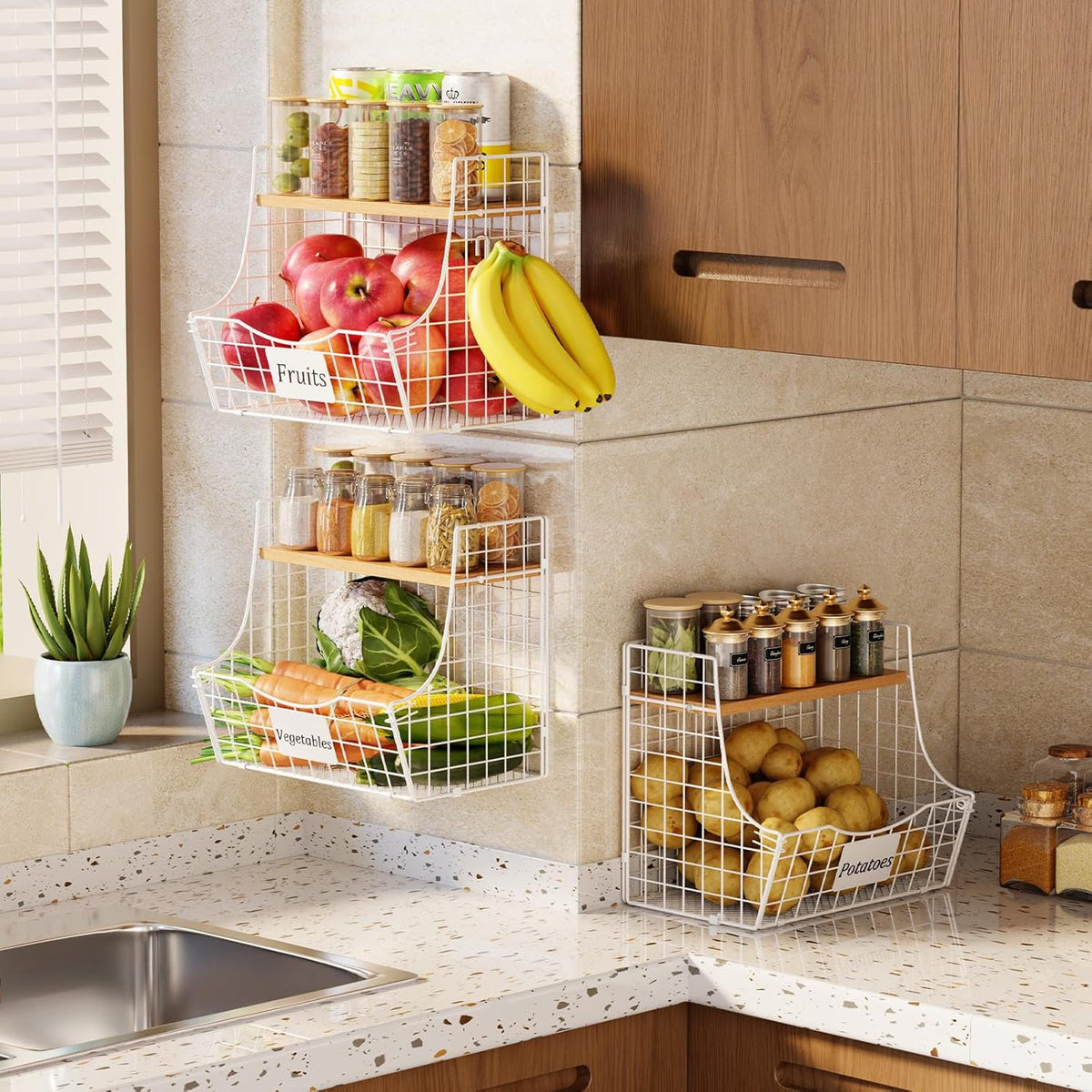 3 Pack Hanging Wire Basket with Wood Lid & S Hook U5548