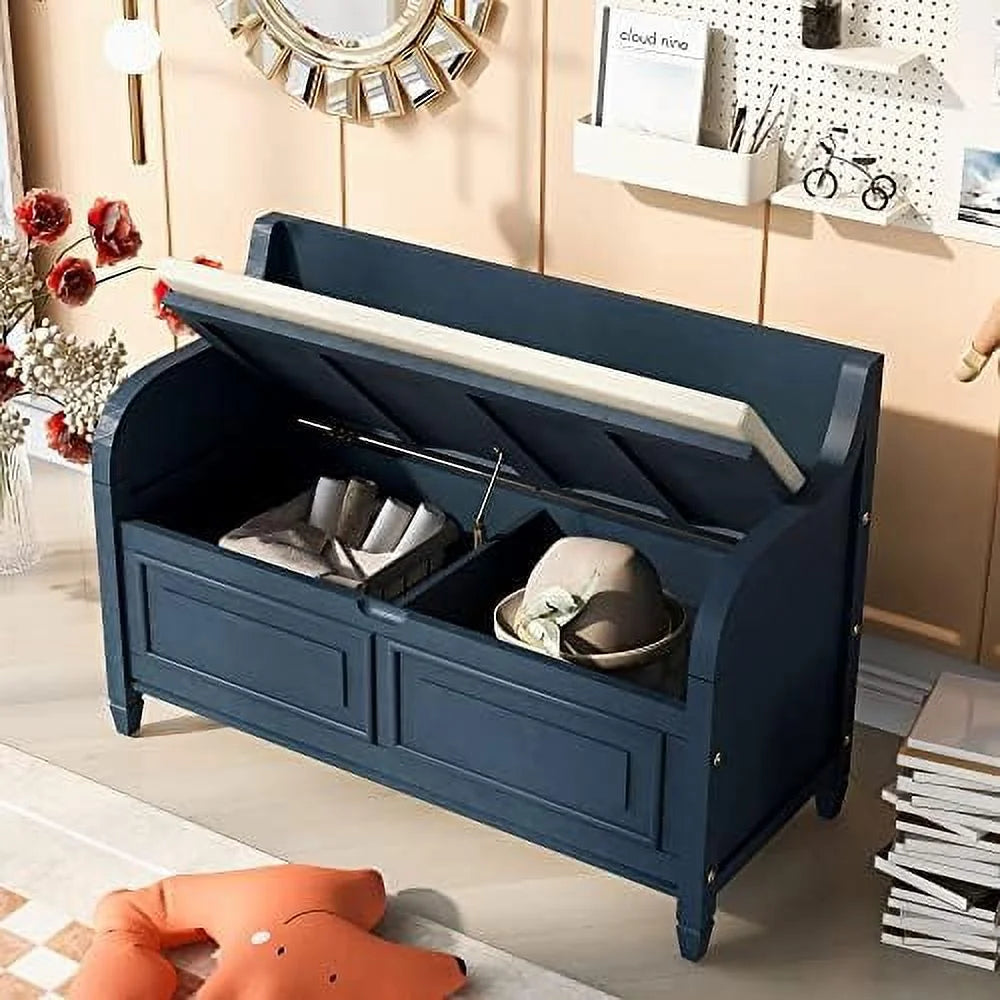Rustic Entry Bench with Hidden Compartments and Removable Cushion (Antique Navy) K446621