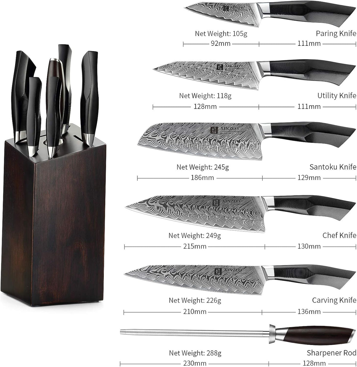Damascus Steel 7-Piece Kitchen Knife Set with Wooden Block and Honing Steel B4345