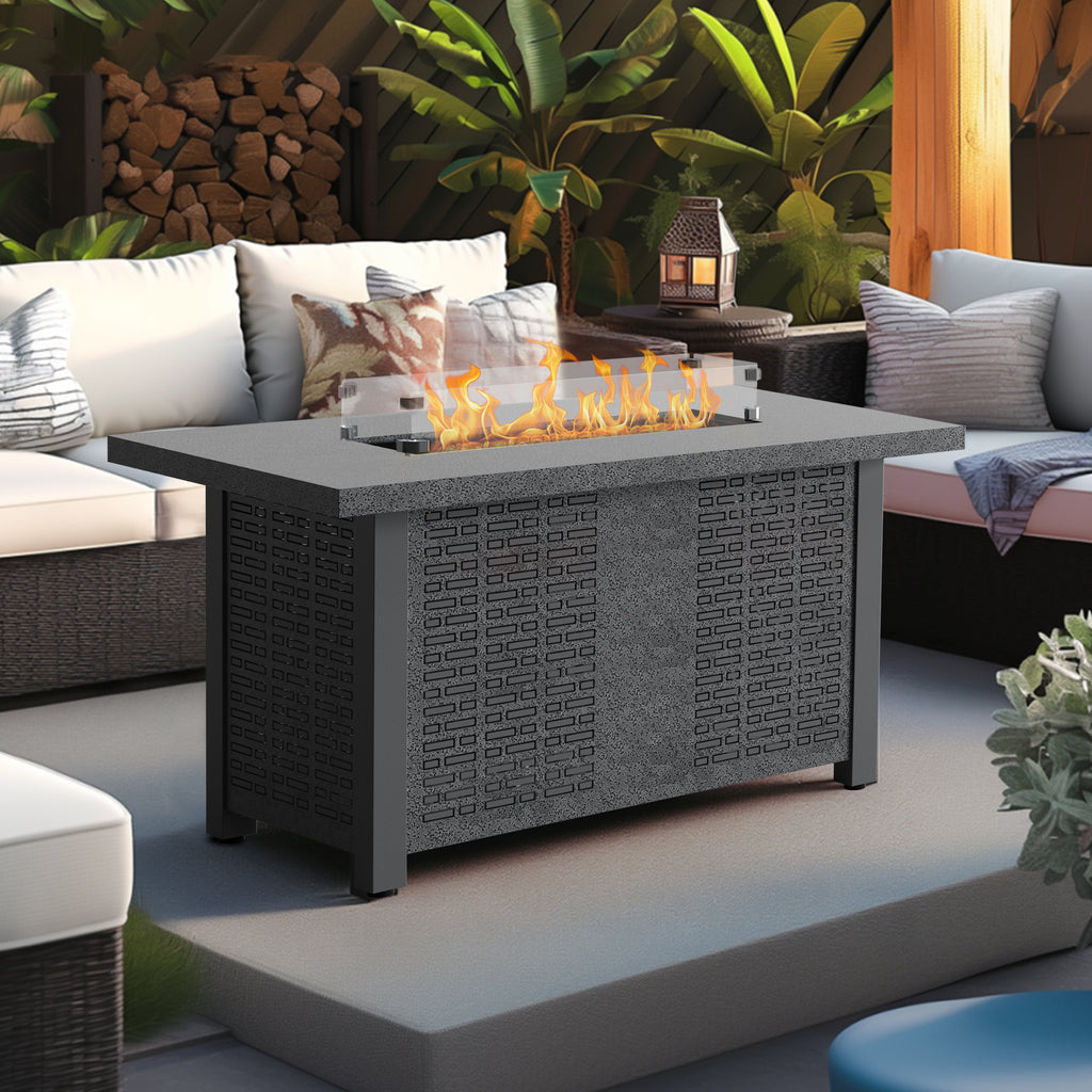 42 inch 50,000 BTU Rectangle Propane Gas Fire Pit Table with Lid, Glass Wind Guard, Waterproof Cover, Lava Rocks - Steel D570625