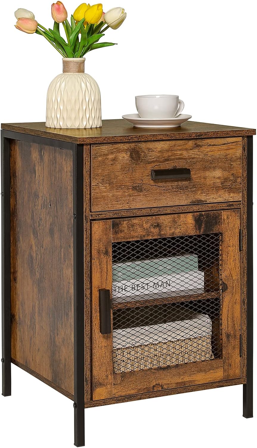 Rustic Brown End Table with Drawer and Mesh Door P23917