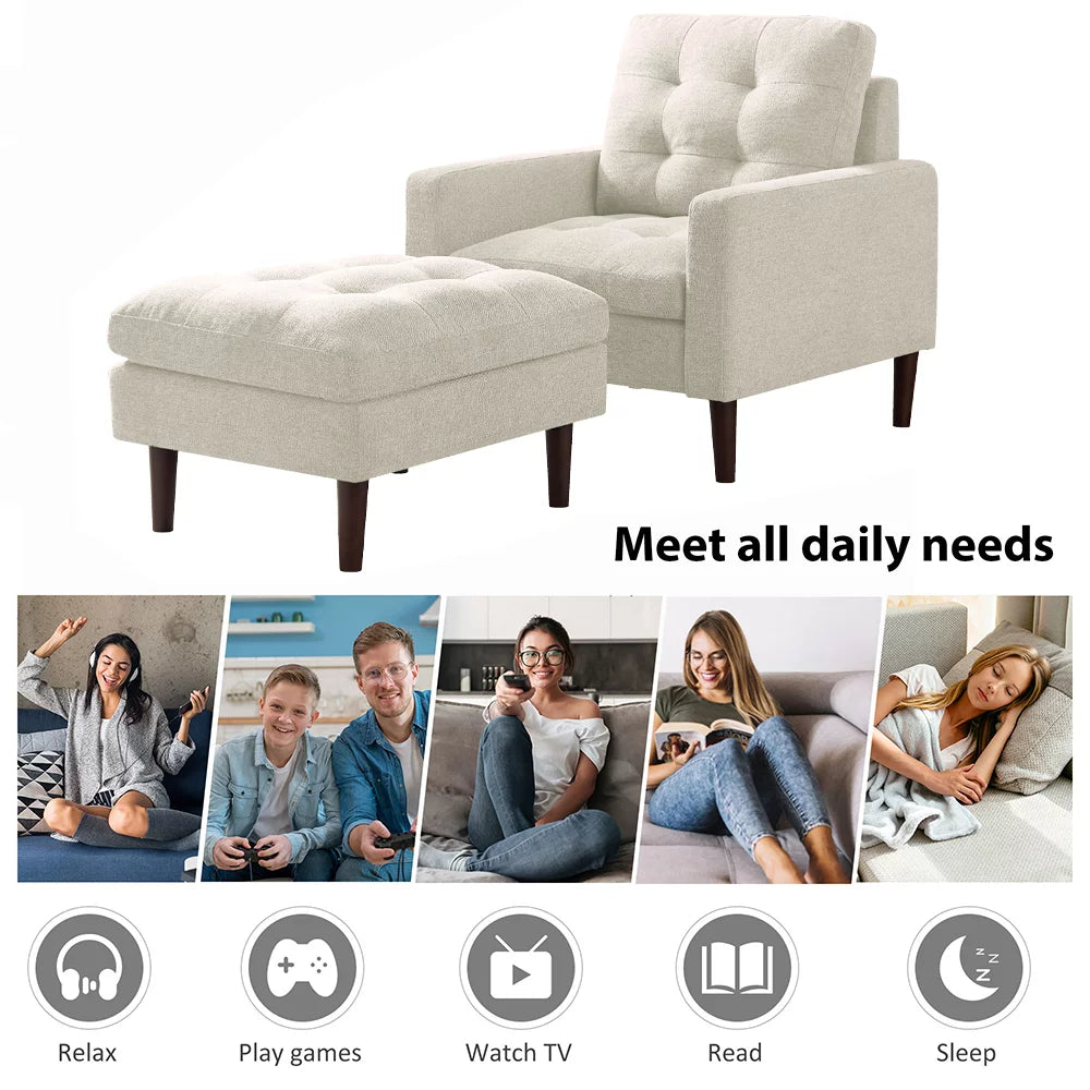 Beige Fabric Accent Chair with Ottoman and Solid Wood Legs D1463