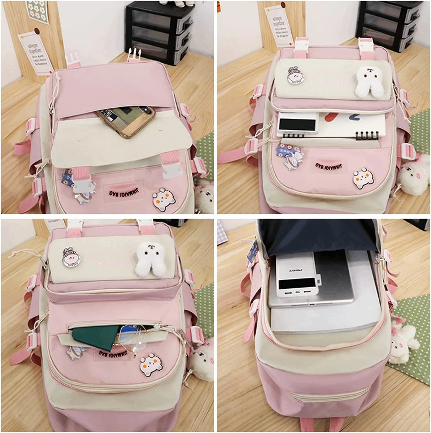 5Pcs Backpacks Combo Set with Bear Pendant & Pins N948
