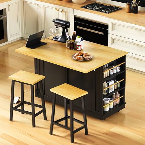 Black 48-inch Rolling Kitchen Island with Drop Leaf & Power Outlet U974002