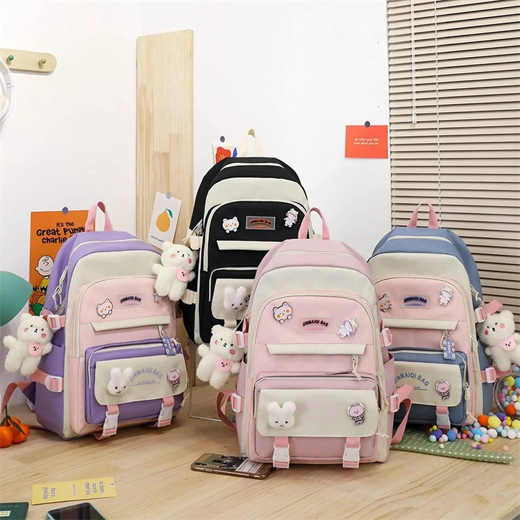 5Pcs Backpacks Combo Set with Bear Pendant & Pins N948