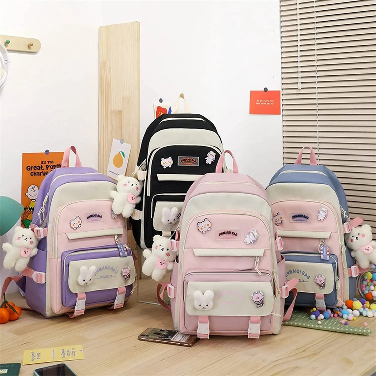 5Pcs Backpacks Combo Set with Bear Pendant & Pins N948