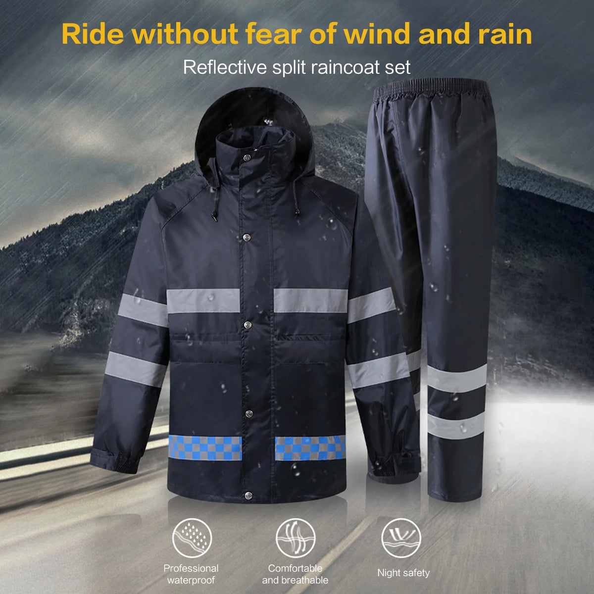 High Visibility Reflective Waterproof Raincoat Suits Rain Gear Motorcycle Cycling Rain Poncho Jacket Hooded Rainwear Four Season XXL B59244