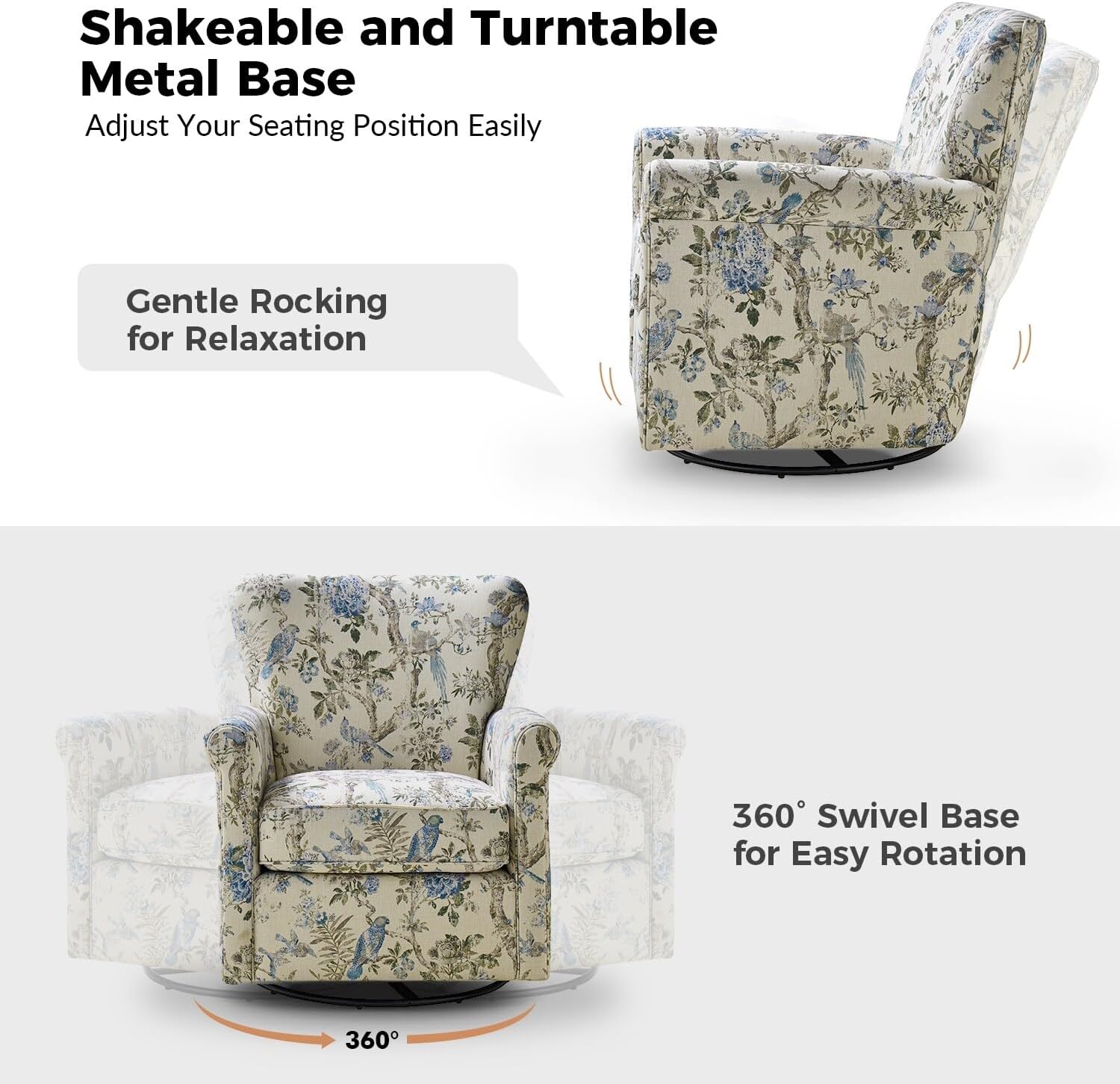 Floral Fabric Swivel Rocker Chair with Rolled Armrest V534684