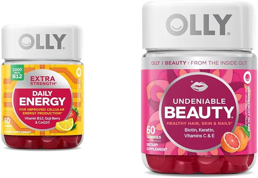 Extra Strength Daily Energy Gummy, Caffeine Free, 1000mcg Vitamin B12, CoQ10, Goji Berry & Undeniable Beauty Gummy, Biotin, Vitamin C, Keratin, Chewable Supplement X531073