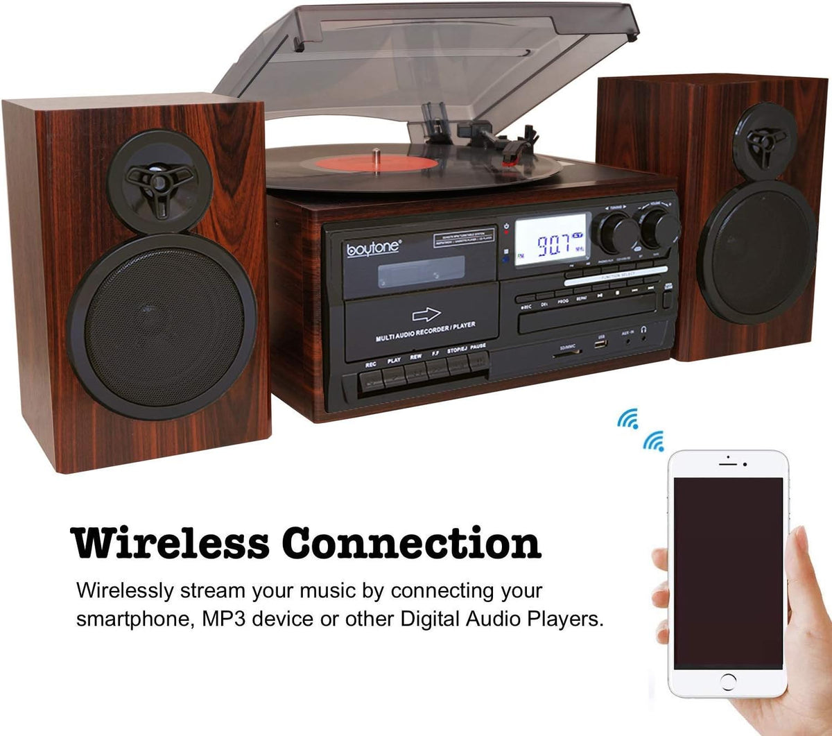 Bluetooth Record Player Turntable with AM/FM Radio, CD / Cassette Player, 2 Stereo Speakers X7001