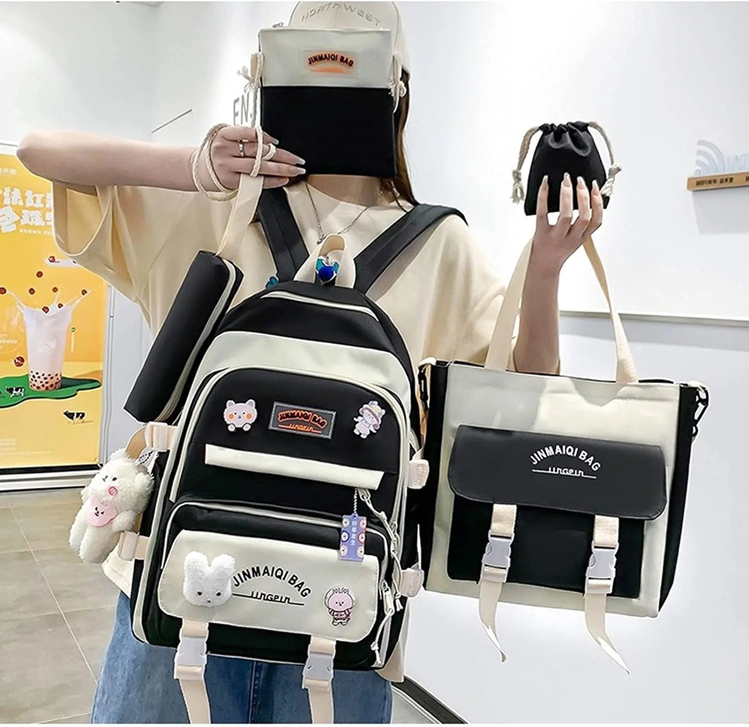 5Pcs Backpacks Combo Set with Bear Pendant & Pins N948