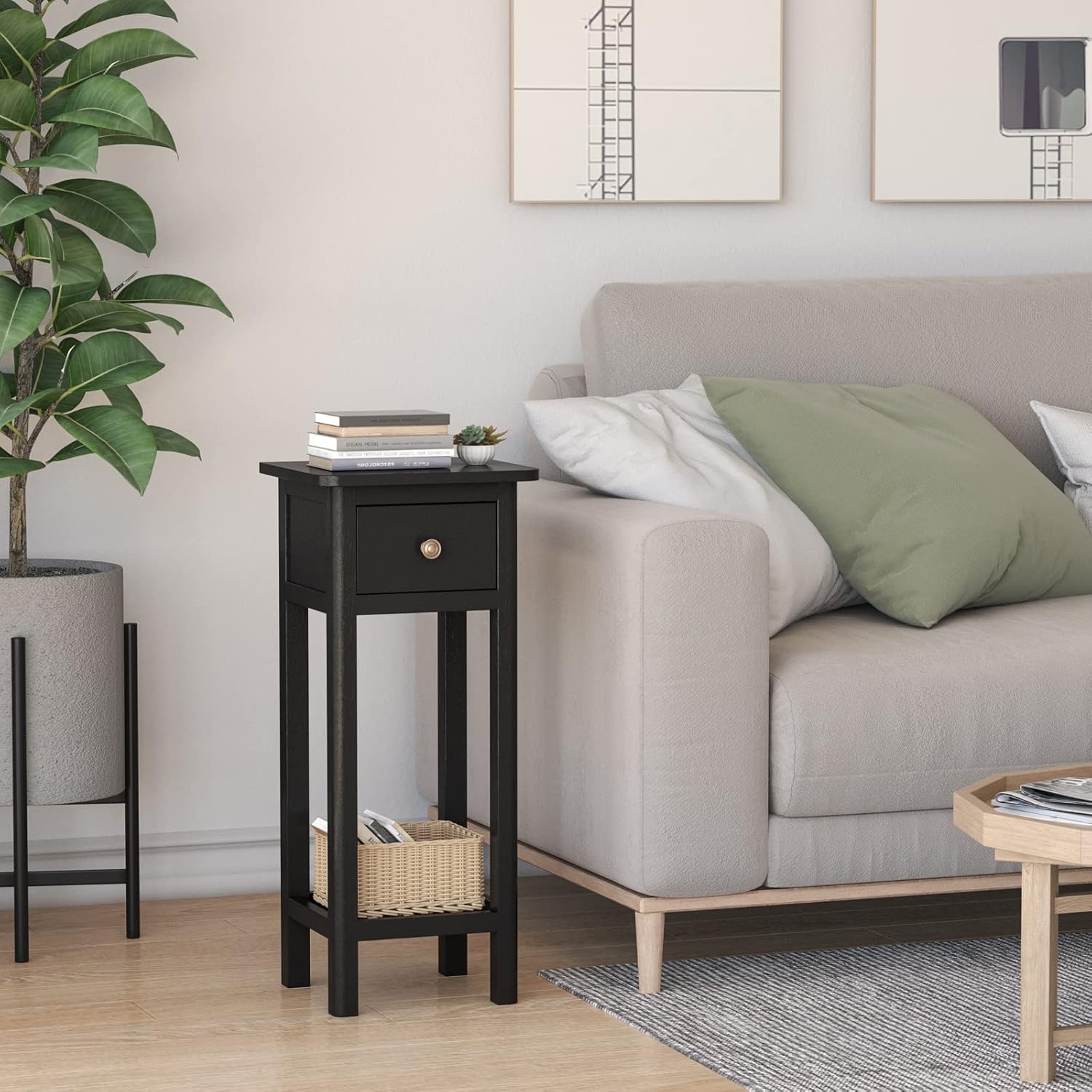 Black Narrow End Table Set of 2 with Drawer & Shelf N3581