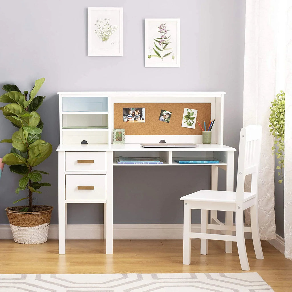 White Desk Hutch and Chair with Drawers O8547