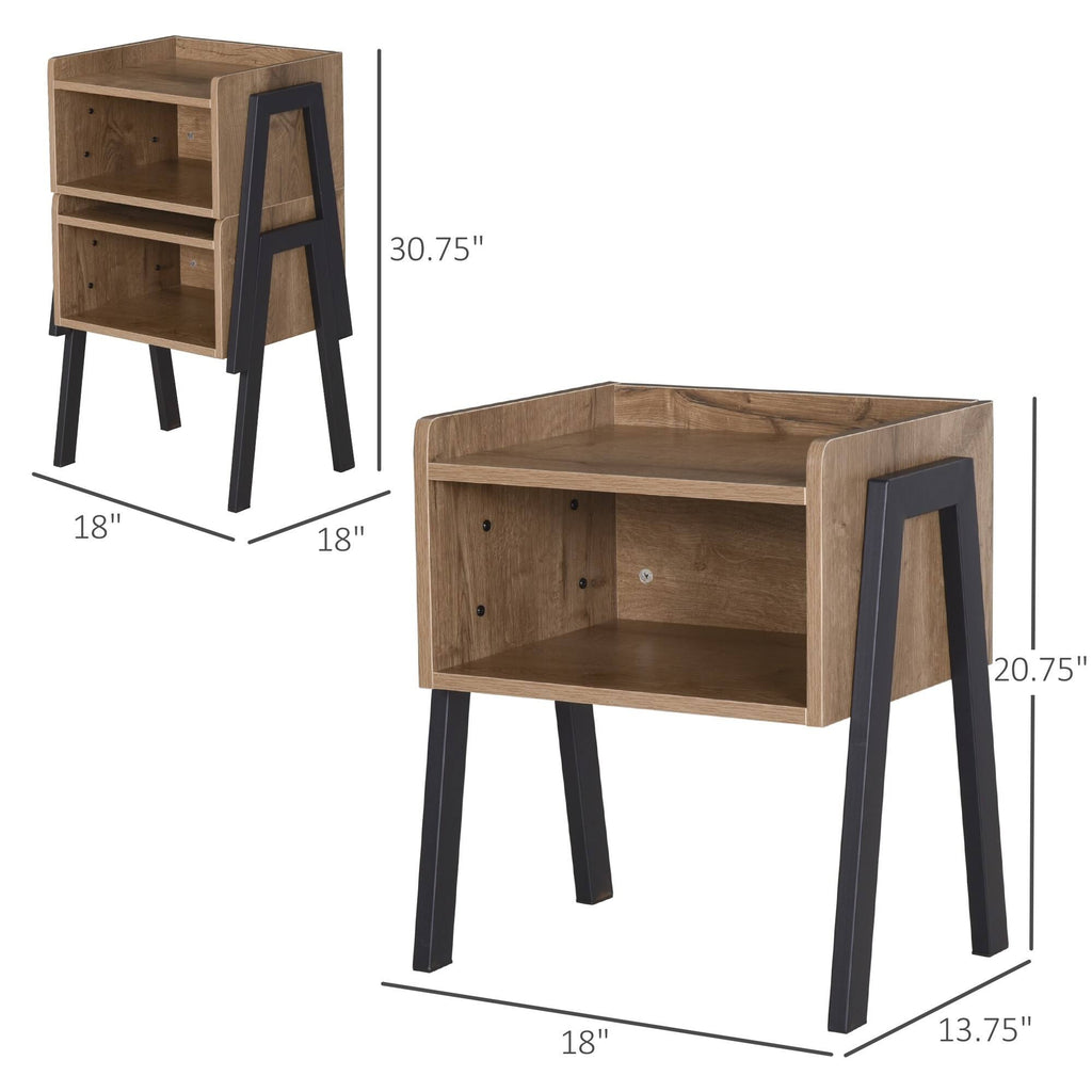 Industrial Set of 2 Stackable Side Tables with Solid Steel Frame Legs, Oak E864463