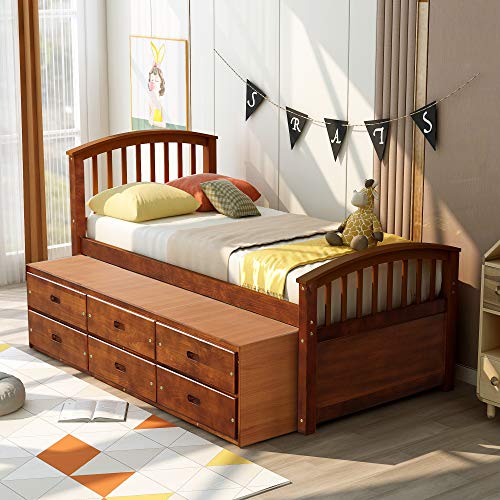 White Solid Wood Twin Platform Bed with 6 Drawers Q3818