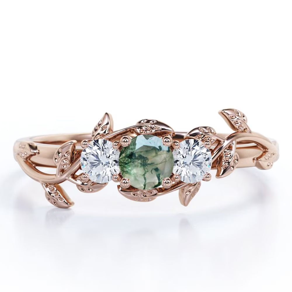18K Rose Gold Plating over Silver Moss Green Agate Engagement Ring S8398