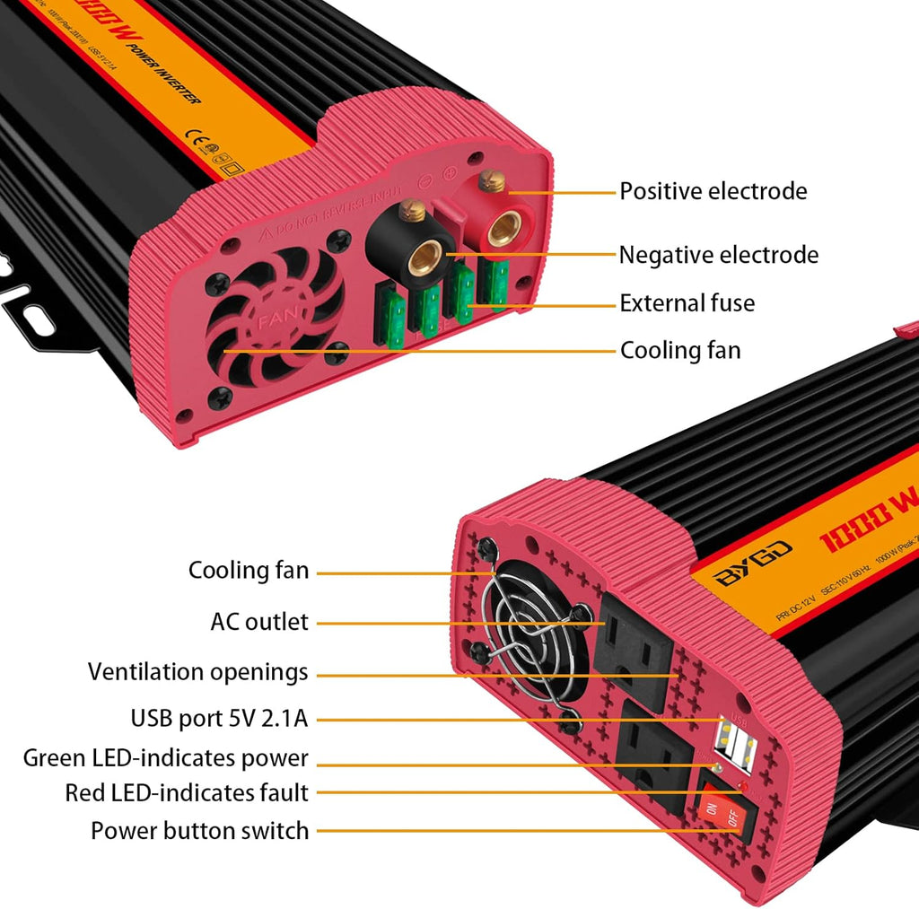 1000W Car Power Inverter DC 12V to 110V AC with 2 USB Ports M673371