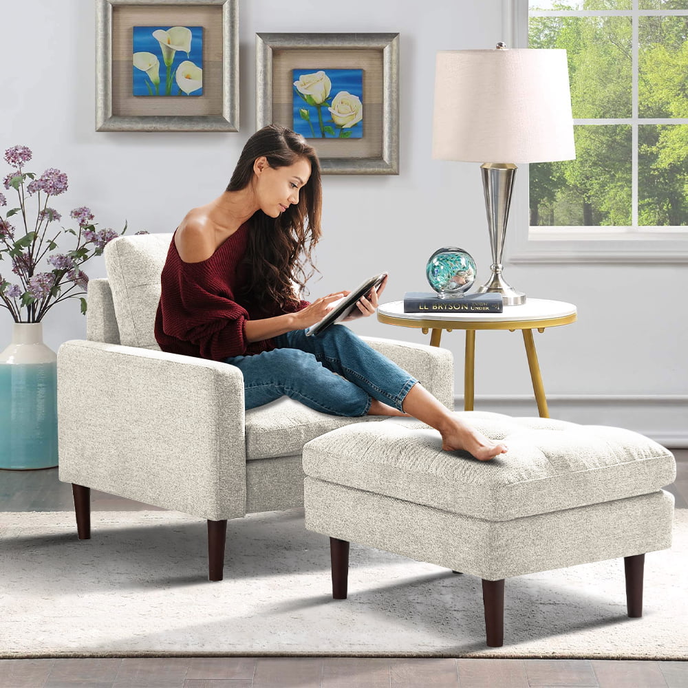 Beige Fabric Accent Chair with Ottoman and Solid Wood Legs D1463