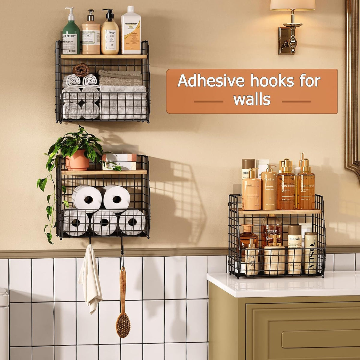 3 Pack Hanging Wire Basket with Wood Lid & S Hook U5548