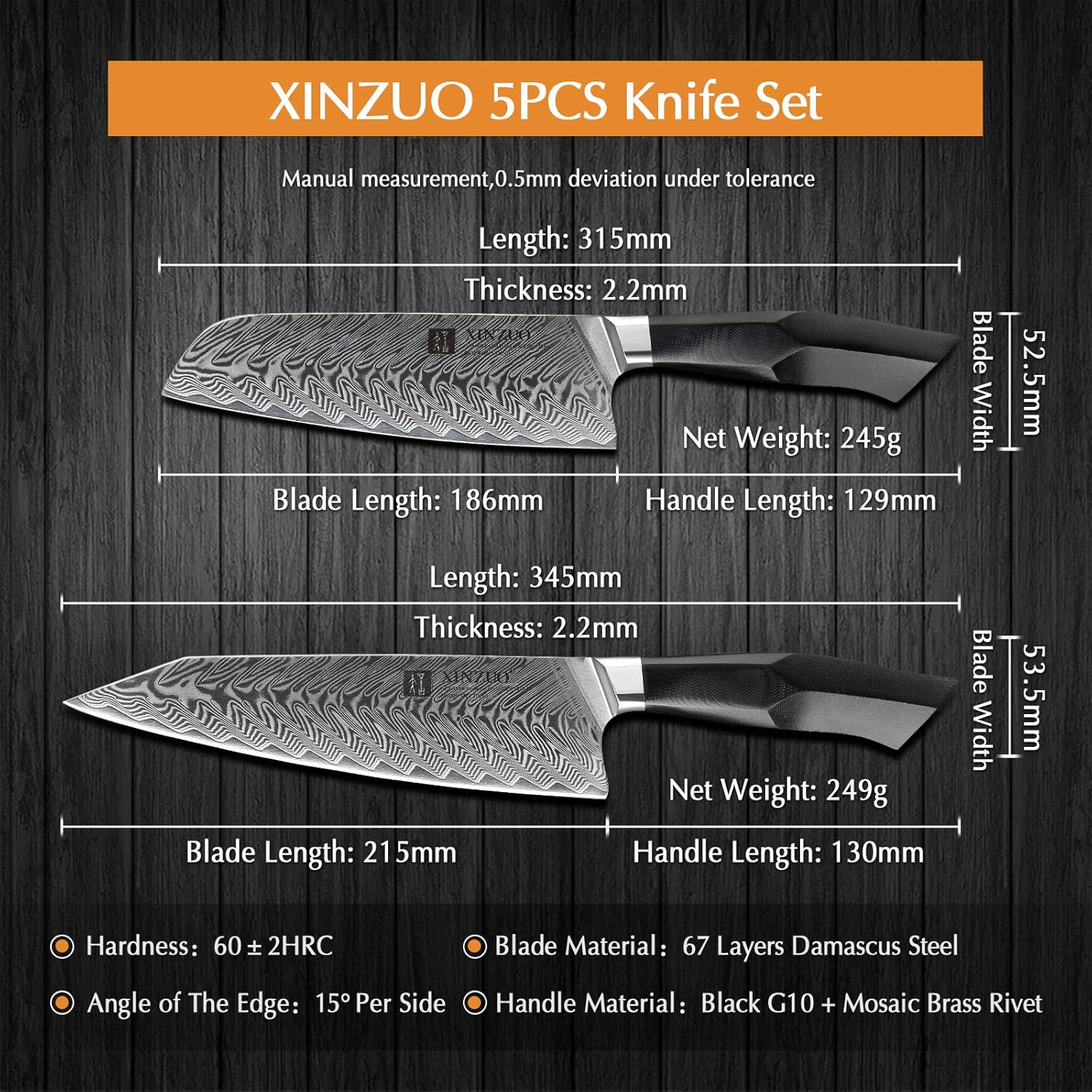 Damascus Steel 7-Piece Kitchen Knife Set with Wooden Block and Honing Steel B4345