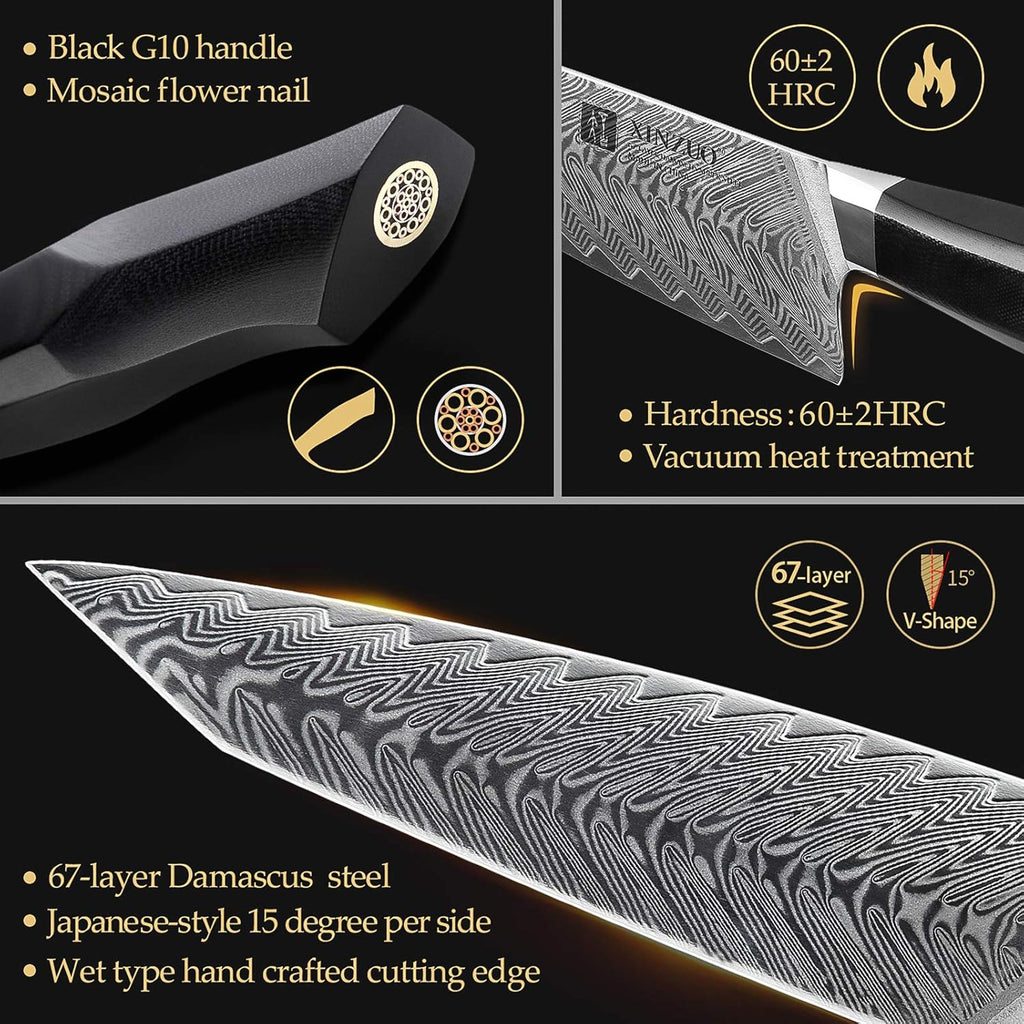 Damascus Steel 7-Piece Kitchen Knife Set with Wooden Block and Honing Steel B4345