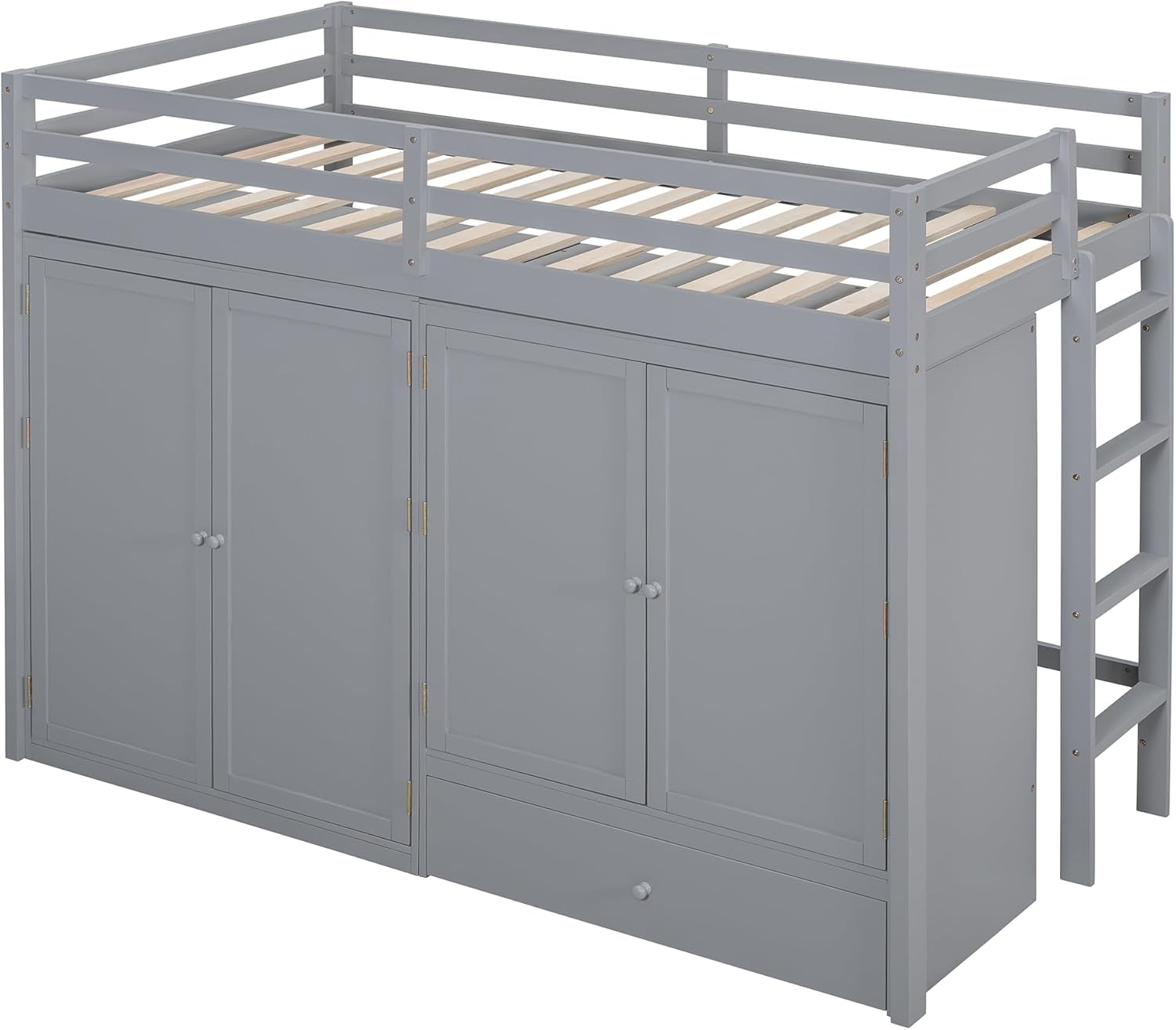 Gray Wood Twin Size Loft Bed with Storage Drawer and Two Wardrobes Q6968