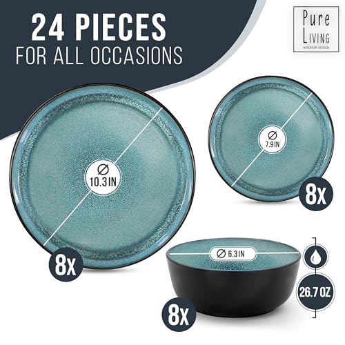 24 Piece Stoneware Dinnerware Set for 8, Beige Light Blue N458