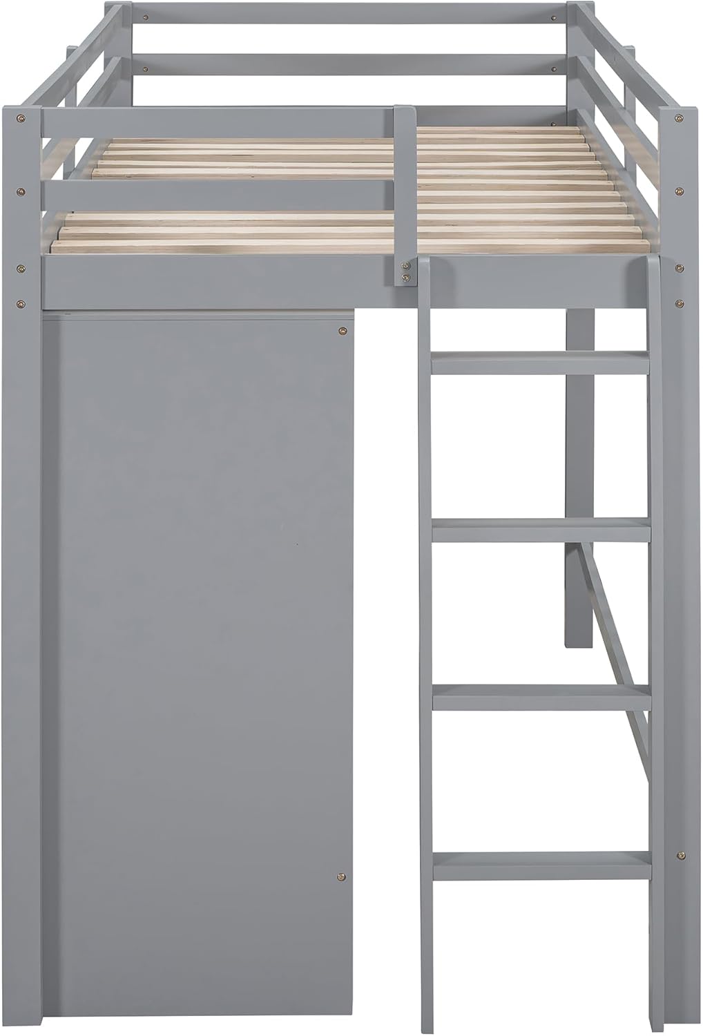 Gray Wood Twin Size Loft Bed with Storage Drawer and Two Wardrobes Q6968